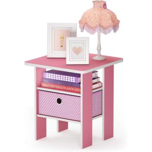 Furinno Andrey Set of 2 End Table / Side Table / Night Stand / Bedside Table with Bin Drawer, French Oak Grey(Pink/Light Pink)