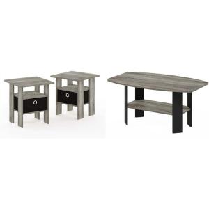 Furinno Andrey Set of 2 End Table/Side Table/Night Stand/Bedside Table with Bin Drawer, French Oak Grey Simple Design Coffee Table, French Oak Grey/Black
