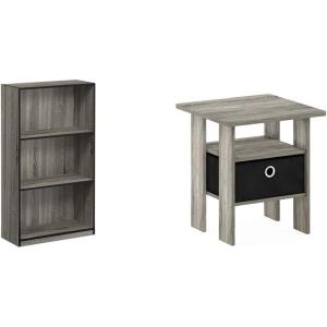 Furinno Basic 3-Tier Bookcase Storage Shelves, French Oak Grey/Black & Andrey End Table/Side Table/Night Stand/Bedside Table with Bin Drawer, French Oak Grey/Black(French Oak Grey/Black)
