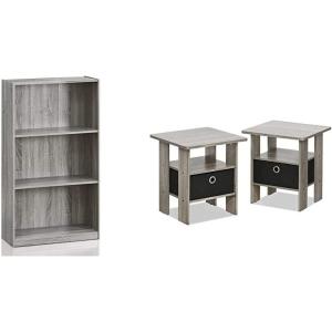 Furinno Basic 3-Tier Bookcase Storage Shelves, French Oak Grey/Black & Andrey End Table/Side Table/Night Stand/Bedside Table with Bin Drawer, French Oak Grey/Black(French Oak Grey)