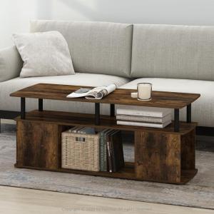 Furinno Jaya Coffee Table, Rectangle Modern Coffee Table with Open Shelf, Side Table with Side Storage, for Living Room, Bedroom, Home Office, White Oak/Stainless Steel(Amber Pine)