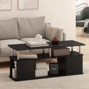 Furinno Jaya Coffee Table, Rectangle Modern Coffee Table with Open Shelf, Side Table with Side Storage, for Living Room, Bedroom, Home Office, White Oak/Stainless Steel(Americano/Stainless Steel)
