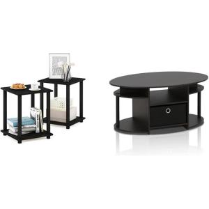Furinno Simplistic Set of 2 End Table and Oval Coffee Table with Bin