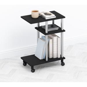 Furinno TOMI Side Table, 3-Tier C-Shape Open Shelf End Table with Wheels, Night Stand, Bedside Table, Toolless Assembly, for Living Room, Bedroom, White Oak/Stainless Steel(Americano/Stainless Steel)