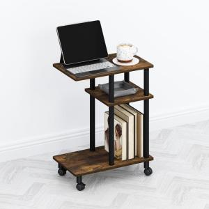 Furinno TOMI Side Table, 3-Tier C-Shape Open Shelf End Table with Wheels, Night Stand, Bedside Table, Toolless Assembly, for Living Room, Bedroom, White Oak/Stainless Steel(Amber Pine/Black)