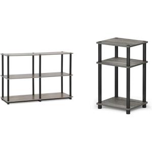 Furinno Turn-N-Tube 3-Tier Double Size Storage Display Rack, French Oak Grey/Black & Just 3-Tier Turn-N-Tube End Table / Side Table / Night Stand / Bedside Table, 1-Pack, French Oak Grey/Black