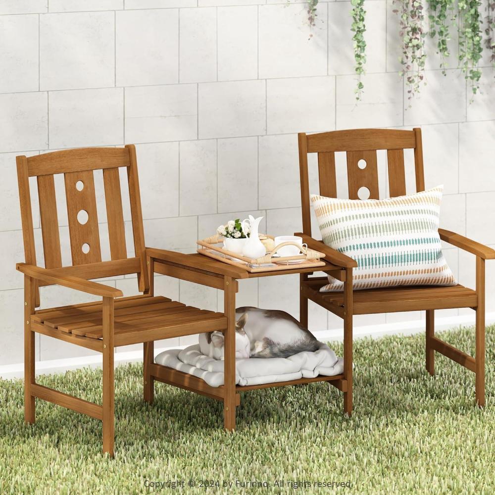 imageFurinno DALAM Outdoor Dining Set Bistro Set with Attached Coffee Table and Umbrella Hole for Patio Garden Porch Natural
