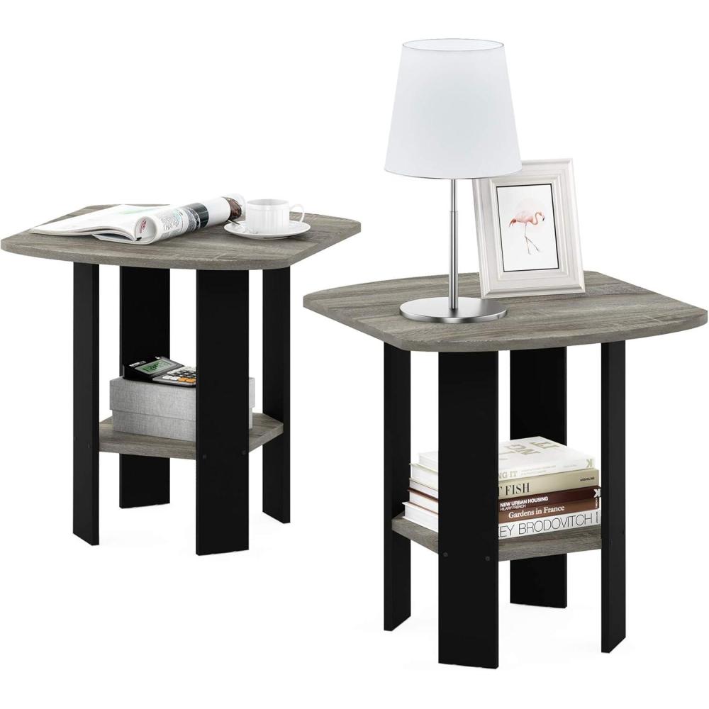 imageFurinno SIMPLE DESIGN Side Table Set of 2 2Tier Modern End Table with Soft Edges Open Shelves Night Stand Bedside Table for Living Room Bedroom French OakFrench OakBlack