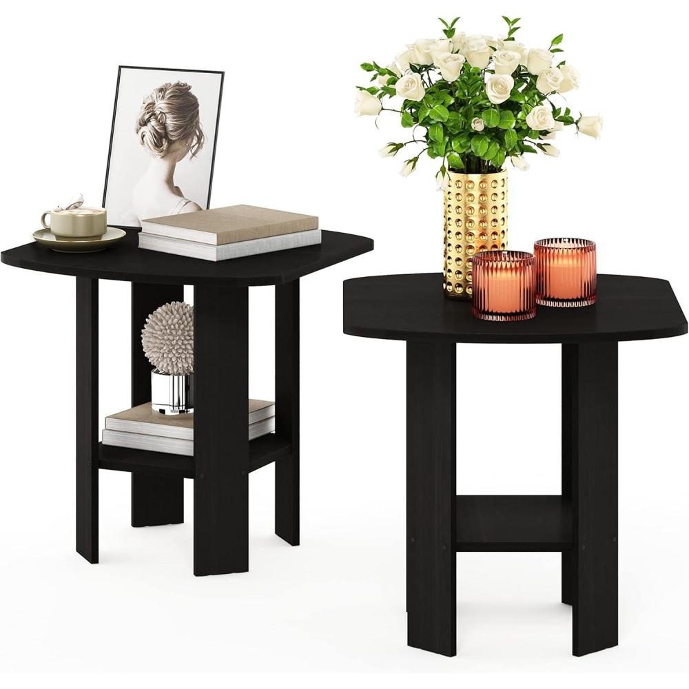 imageFurinno SIMPLE DESIGN Side Table Set of 2 2Tier Modern End Table with Soft Edges Open Shelves Night Stand Bedside Table for Living Room Bedroom French OakEspresso
