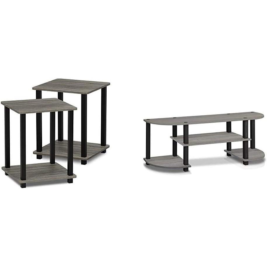 imageFurinno Simplistic End Table Set TurnSTube Wide TV Entertainment CenterFrench Oak GreyBlack