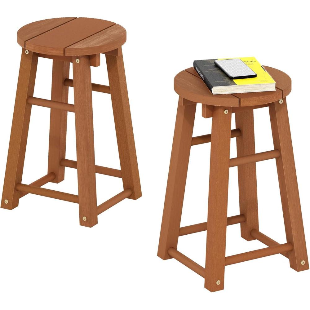 imageFurinno TIOMAN Patio Table Outdoor Side Table Patio Bar Table Coffee Table in Teak Oil for Patio Garden Porch NaturalSet of 2 Bar Stool