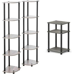 Furinno 5 Tier Corner Display Rack 2 Pack with 3-Tier End Table, French Oak Grey/Black