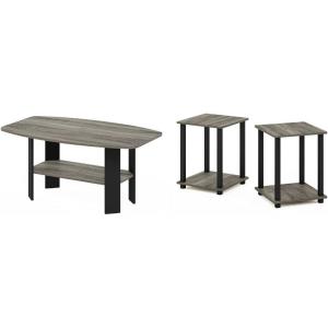 Furinno Simple Design Coffee Table, French Oak Grey/Black & Simplistic Set of 2 End Table, French Oak Grey/Black