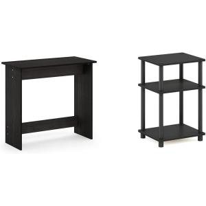 Furinno Simplistic Study Table, Espresso & Just 3-Tier Turn-N-Tube End Table/Side Table/Night Stand/Bedside Table with Plastic Poles, 1-Pack, Americano/Black(Espresso)