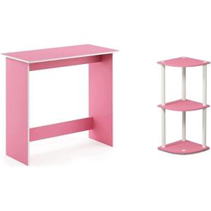 Furinno Simplistic Study Table, Espresso & Just 3-Tier Turn-N-Tube End Table/Side Table/Night Stand/Bedside Table with Plastic Poles, 1-Pack, Americano/Black(Pink/White)