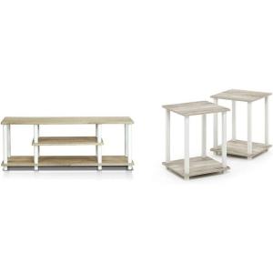 Furinno Turn-N-Tube No Tools 3D 3-Tier Entertainment TV Stand up to 50 inch TV, Round Tubes, Oak & Simplistic Set of 2 End Table, Sonoma Oak/White