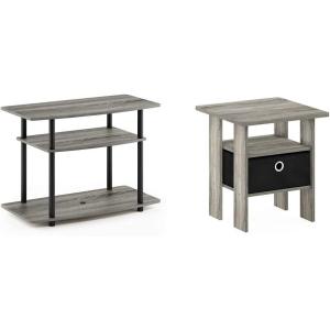 Furinno Turn-N-Tube No Tools 3-Tier Entertainment Center TV Stand, French Oak Grey/Black & Andrey End Table/Side Table/Night Stand/Bedside Table with Bin Drawer, French Oak Grey/Black(Frenc Oak/Black)