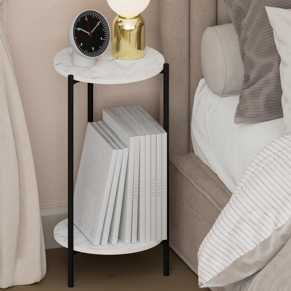 imageFurinno BESI Night Stand 2Tier Tall Round Nightstand with Metal Legs Metal Frame Narrow End Table with Open Shelf Side Table Bedside Table for Bedroom Closet Living Room Marble White