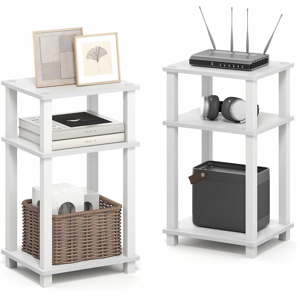 imageFurinno JUST Side Table Set of 2 3Tier Open Shelf Modern End Table Toolless Assembly Night Stand Bedside Table with Square Tube for Living Room Bedroom White