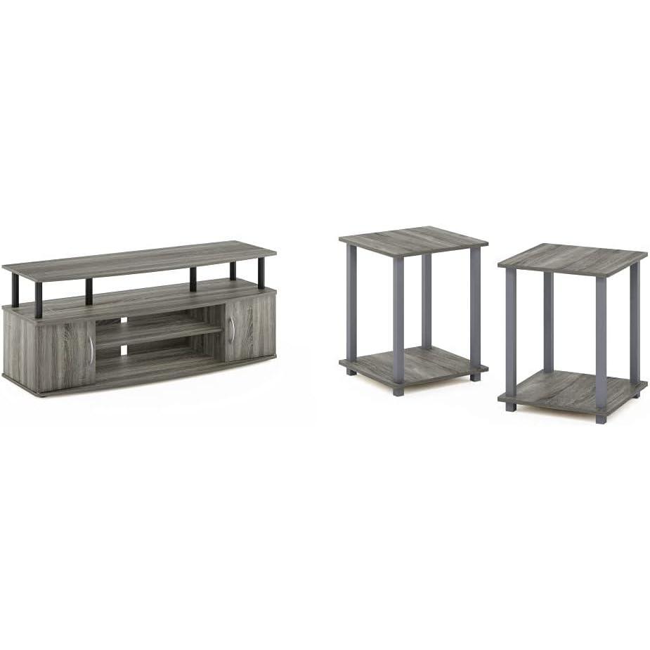 imageFurinno Jaya Large Entertainment Stand for TV Up to 55 Inch French Oak GreyBlack Simplistic Set of 2 End Table French Oak GreyGrey