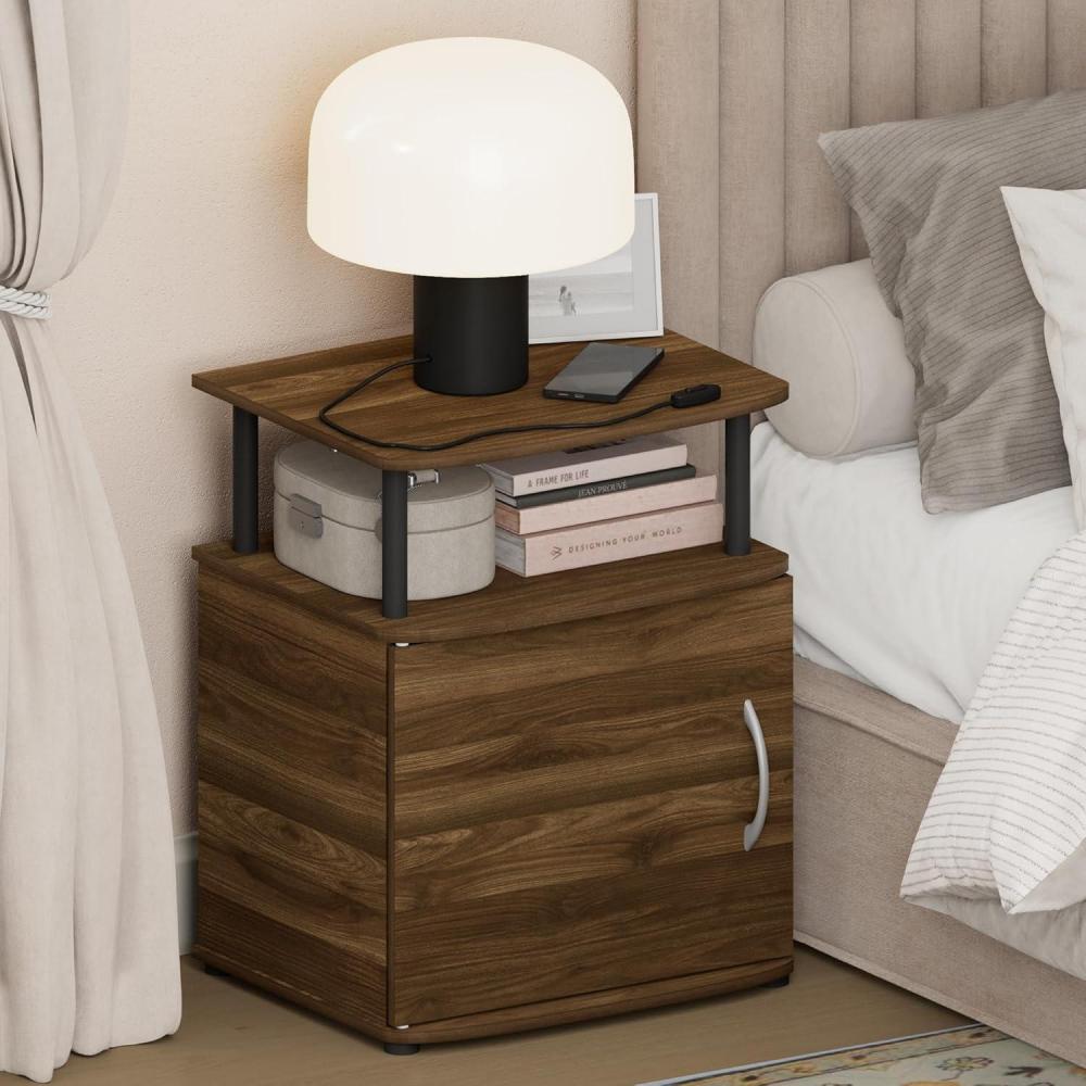 imageFurinno Jaya Night Stand with Door Nightstand with Open Shelf and Door Cabinet Round Corner Bedside Table Side Table End Table for Bedroom Closet Living Room Columbia WalnutColumbia WalnutBlack