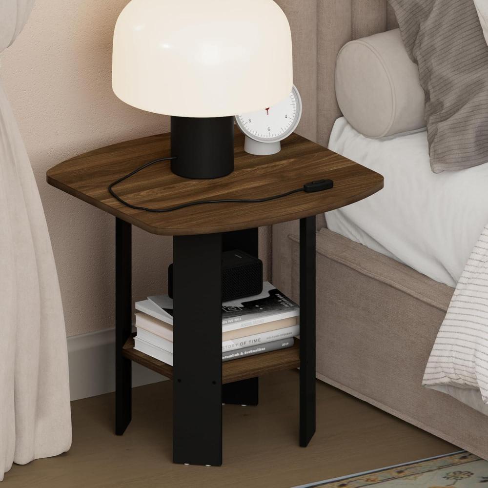 imageFurinno TIDUR Night Stand 2Tier Open Shelf Design Nightstand with Storage Shelf Round Corner Bedside Table End Table Side Table for Bedroom Closet Living Room Columbia Walnut