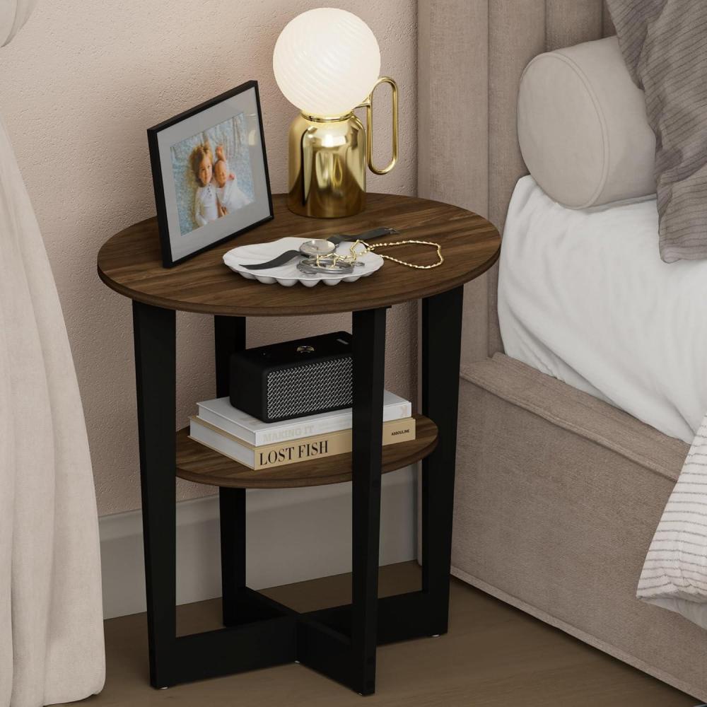 imageFurinno TIDUR Night Stand 2Tier Oval Nightstand with Round Edge Tabletop Open Shelf Bedside Table End Table Side Table for Bedroom Closet Living Room Columbia Walnut