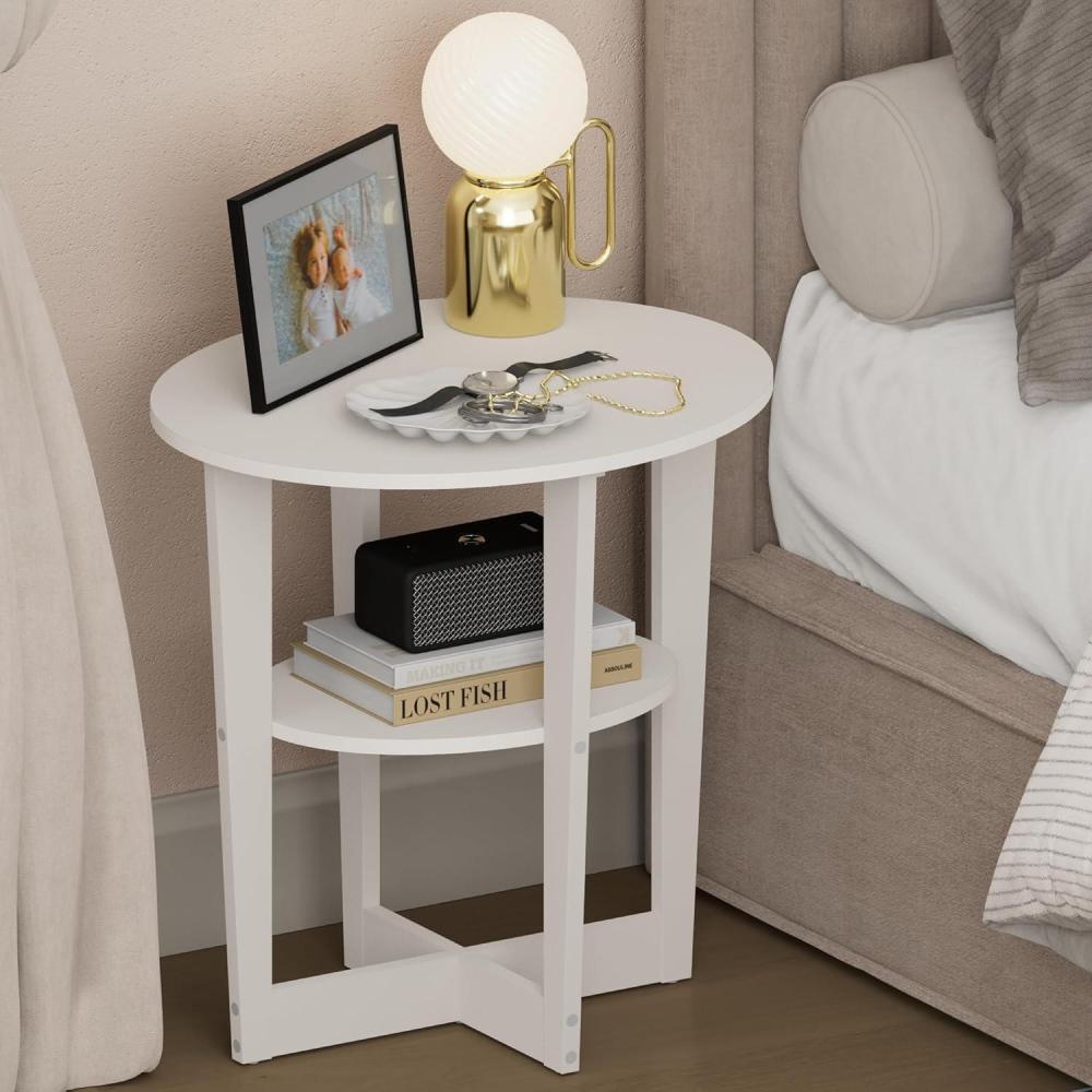 imageFurinno TIDUR Night Stand 2Tier Oval Nightstand with Round Edge Tabletop Open Shelf Bedside Table End Table Side Table for Bedroom Closet Living Room White