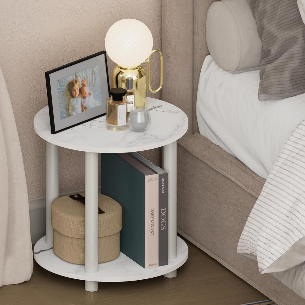 imageFurinno TurnNTube NGHT Stand 2Tier Small Round Nightstand Toolless Assembly End Table with Open Shelf Bedside Table Side Table for Bedroom Closet Living Room Amber PineMarble White