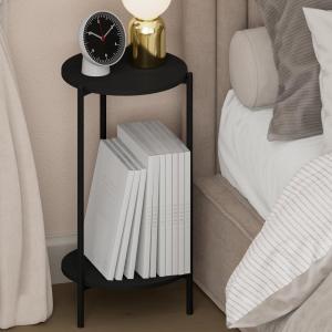 Furinno BESI Night Stand, 2-Tier Tall Round Nightstand with Metal Legs, Metal Frame Narrow End Table with Open Shelf, Side Table, Bedside Table, for Bedroom, Closet, Living Room, Americano