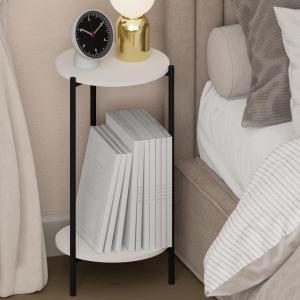 Furinno BESI Night Stand, 2-Tier Tall Round Nightstand with Metal Legs, Metal Frame Narrow End Table with Open Shelf, Side Table, Bedside Table, for Bedroom, Closet, Living Room, White