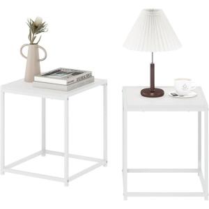 Furinno CAMNUS Side Table Set of 2, Metal Frame End Table, Night Stand, Bedside Table, Easy Assembly, for Living Room, Bedroom, White(White/White)