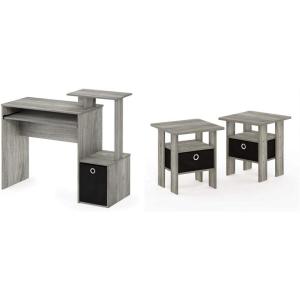 Furinno Econ Computer Desk and End Tables Set (French Oak Grey)