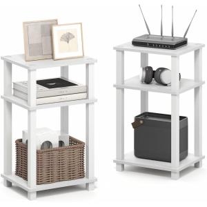 Furinno JUST Side Table Set of 2, 3-Tier Open Shelf Modern End Table, Toolless Assembly Night Stand, Bedside Table with Square Tube, for Living Room, Bedroom, White