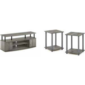 Furinno Jaya Large Entertainment Stand for TV Up to 55 Inch, French Oak Grey/Black Simplistic Set of 2 End Table, French Oak Grey/Grey