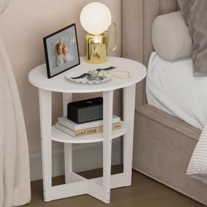 Furinno TIDUR Night Stand, 2-Tier Oval Nightstand with Round Edge Tabletop, Open Shelf Bedside Table, End Table, Side Table, for Bedroom, Closet, Living Room, White