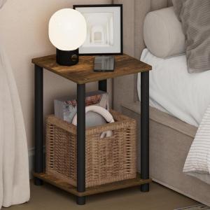Furinno Turn-N-Tube Night Stand, 2-Tier Open Shelf Design Nightstand, Toolless Square Bedside Table, End Table, Side Table, for Bedroom, Closet, Living Room, Dark Cherry(Amber Pine/Black)