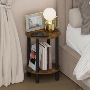 Furinno Turn-N-Tube Night Stand, 2-Tier Round Small Nightstand, Toolless Assembly Narrow End Table with Open Shelf, Side Table, Bedside Table, for Bedroom, Closet, Living Room, Amber Pine(Amber Pine/Black)