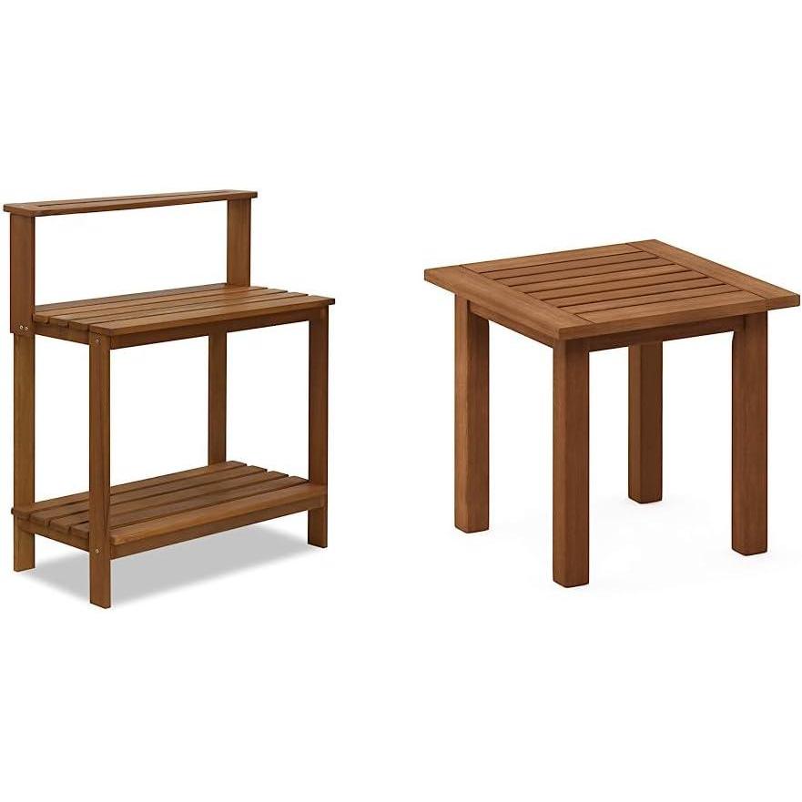 imageFurinno FG17478 Tioman Outdoor Patio Furniture Hardwood Potting Bench Natural amp FG18506 Tioman Hardwood Patio Furniture Outdoor End Table Natural