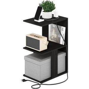 Furinno BOYATE Side Table, 2-Tier End Table with Charging Station, Open Shelf Night Stand, Bedside Table with USB and Type-C Charging Port, for Living Room, Bedroom, Amber Pine(Espresso)