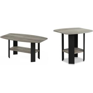 Furinno Coffee Table and End Table Set, French Oak Grey/Black