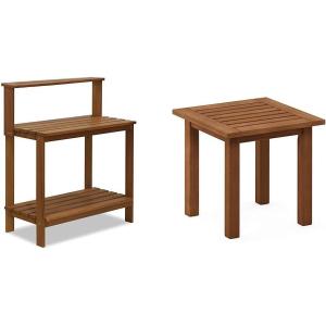 Furinno FG17478 Tioman Outdoor Patio Furniture Hardwood Potting Bench, Natural & FG18506 Tioman Hardwood Patio Furniture Outdoor End Table, Natural