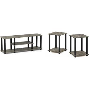 Furinno Simplistic Set of 2 End Table, French Oak Grey/Black & Turn-N-Tube No Tools 3D 3-Tier Entertainment TV Stand up to 50 inch TV, Square Tubes, French Oak Grey/Black