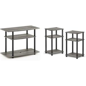 Furinno Turn-N-Tube 3-Tier Entertainment Center and 2-Pack End Tables/Night Stands, Plastic Tubes, French Oak Grey/Black(Frenc Oak/Black)