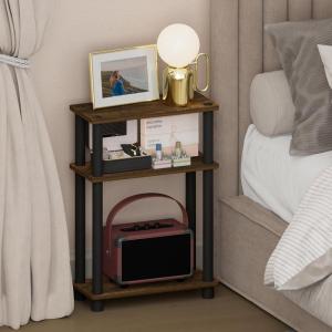 Furinno Turn-N-Tube Narrow Night Stand, 3-Tier Rectangular Nightstand with Storage Shelf, Slim Toolless Bedside Table, End Table, Side Table, for Bedroom, Closet, Living Room, Espresso(Amber Pine/Black)