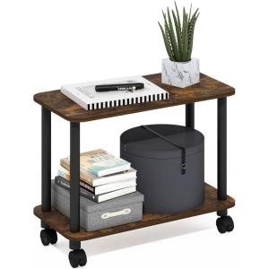 Furinno Turn-N-Tube Side Table, 2-Tier Rectangle Sofa End Table with Wheels, Round Corner Night Stand, Bedside Table with Open Shelf, Toolless Assembly, for Living Room, Bedroom, Amber Oak