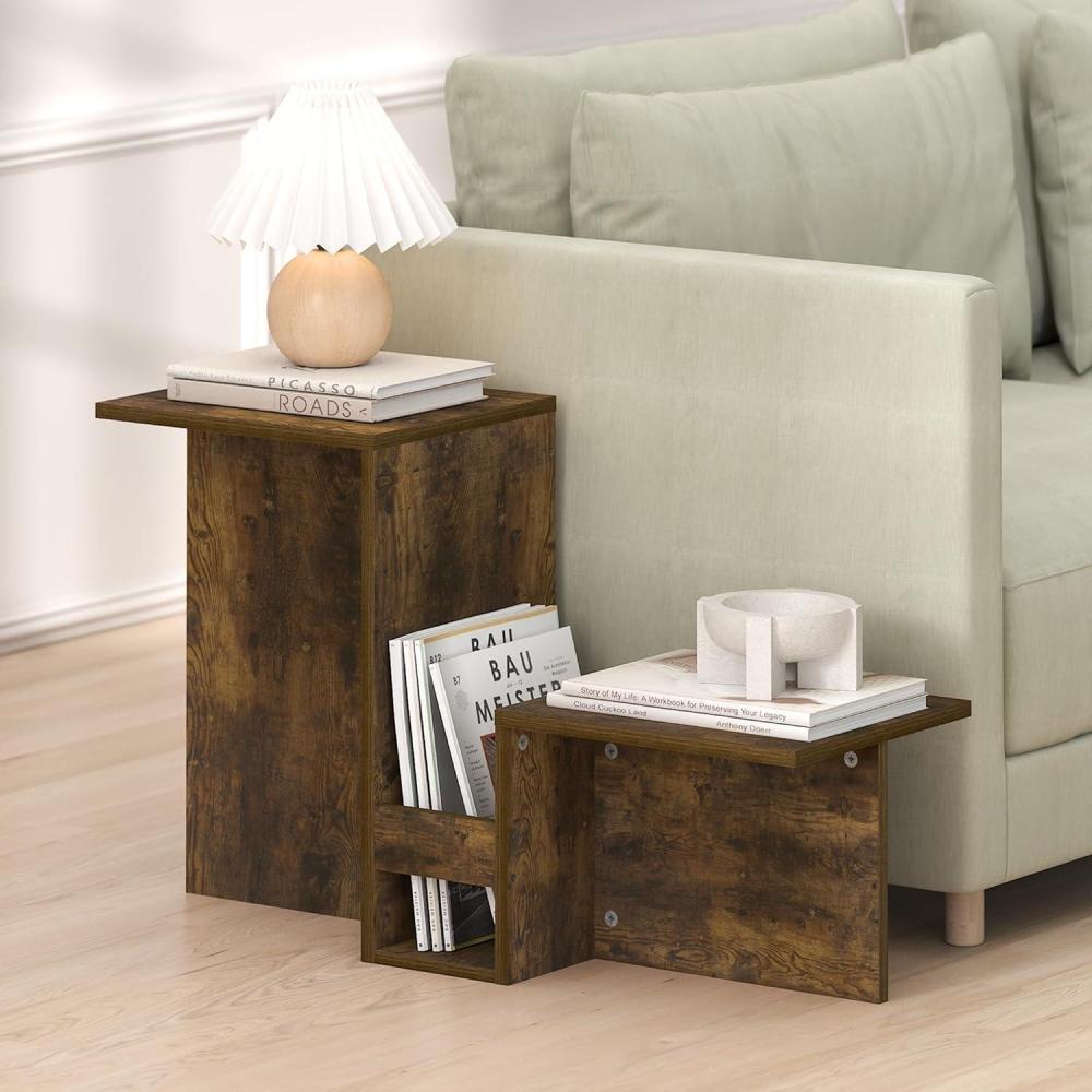 imageFurinno BOYATE Side Table Valley Shaped End Table with Tiered Levels and Magazine Rack for Living Room WhiteAmber Pine