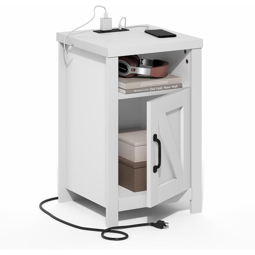 imageFurinno Farmhouse Night Stand with Charging Station Bedside Table Side Table End Table with Door USB Ports and Outlets for Bedroom Closet Dorm Plain WhitePlain White