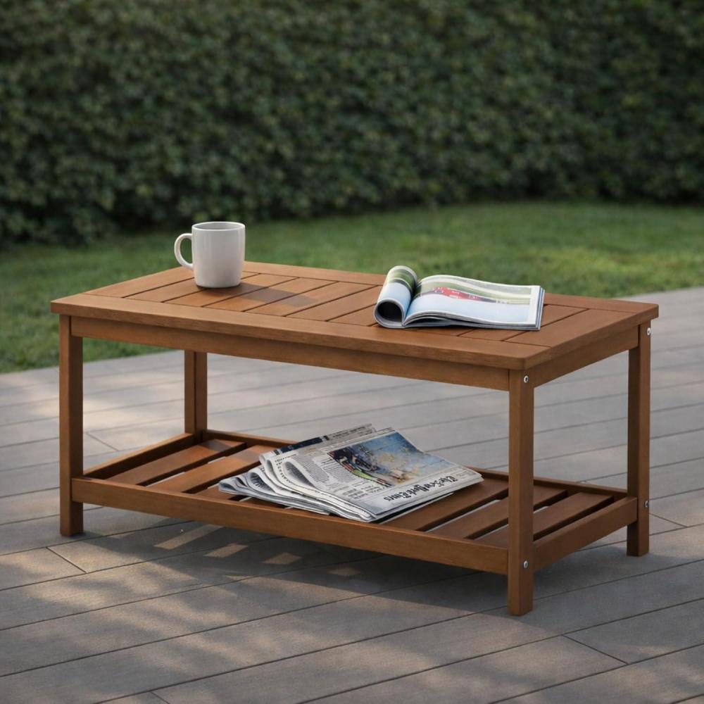 imageFurinno TIOMAN Outdoor Patio Coffee Table Small Wood Outdoor Table with XFrame Design Teak Oil Finish Patio Side Table for Garden Porch Deck or Balcony Light Wood2Tier  178 x 354 x 17