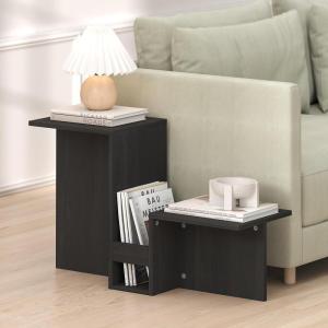 Furinno BOYATE Side Table, Valley Shaped End Table, with Tiered Levels and Magazine Rack, for Living Room, White(Espresso)